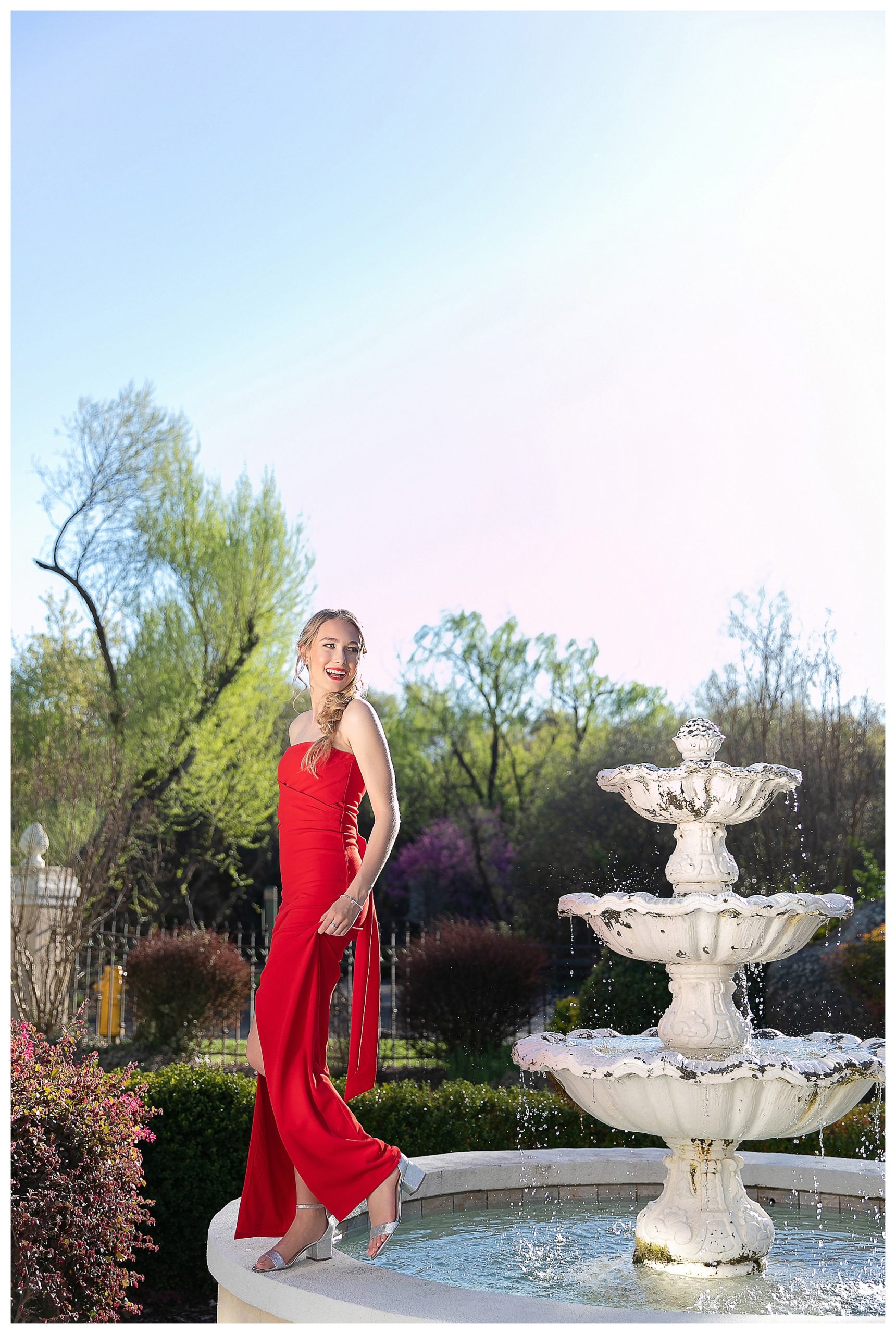 Senior high school girl in red dress