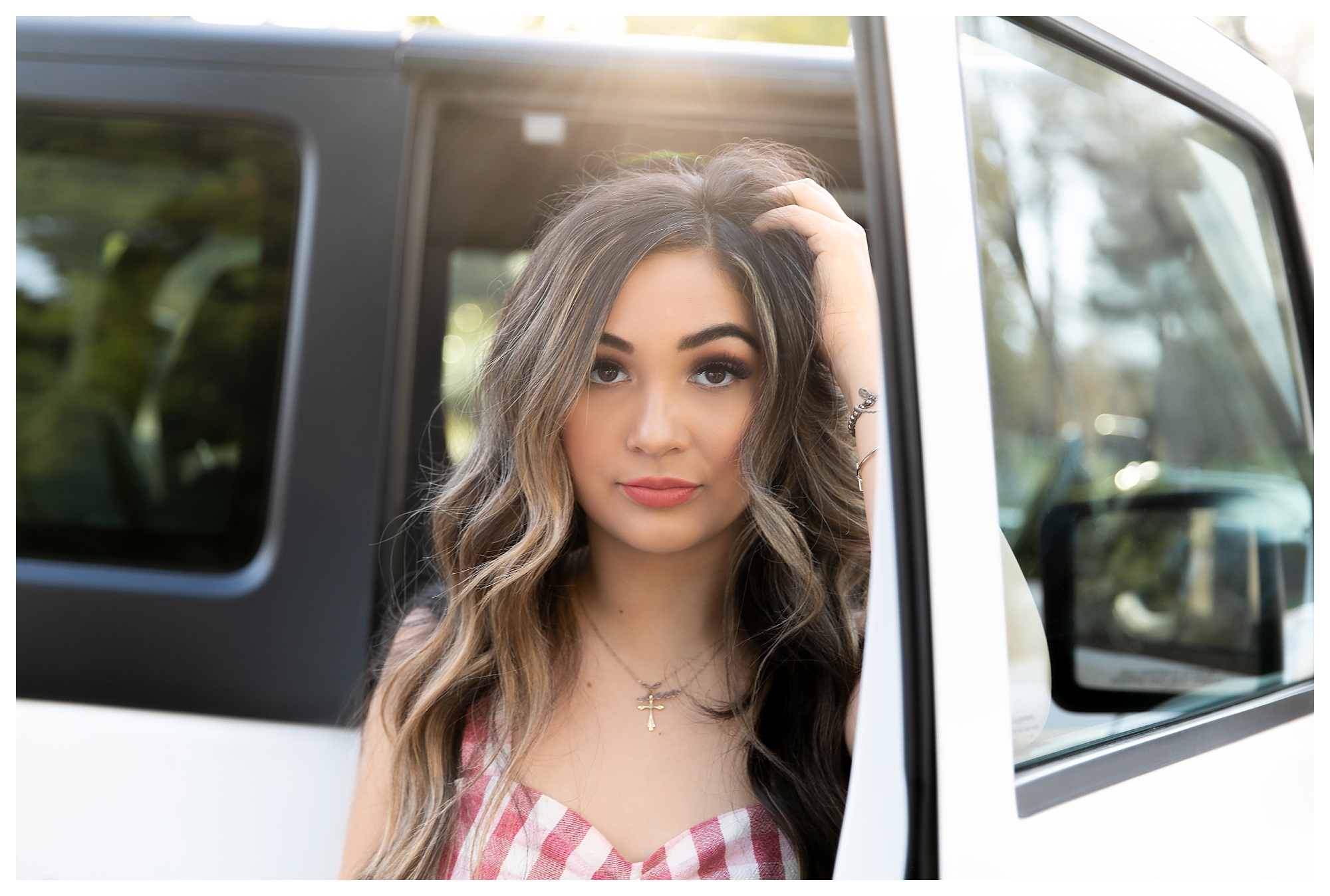 Teen girl by white Jeep